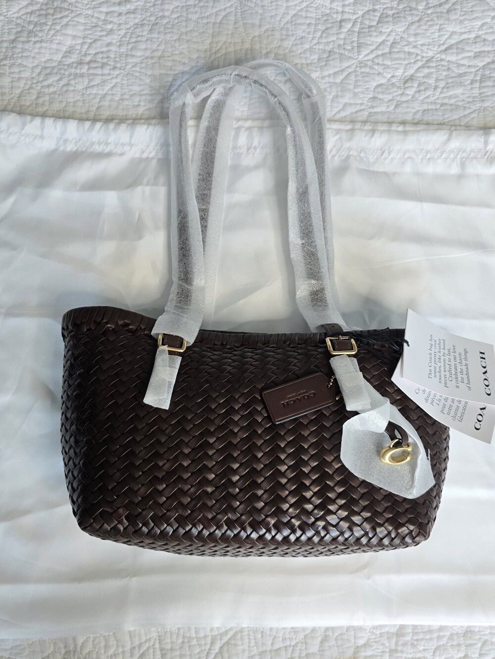 Coach Woven Leather Swing Tote Maple Brown